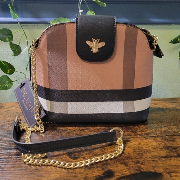 Deluxity Tan/Black Faux Leather Crossbody Purse Gold Chain Strap 10"x7.25" New - Picture 1 of 8